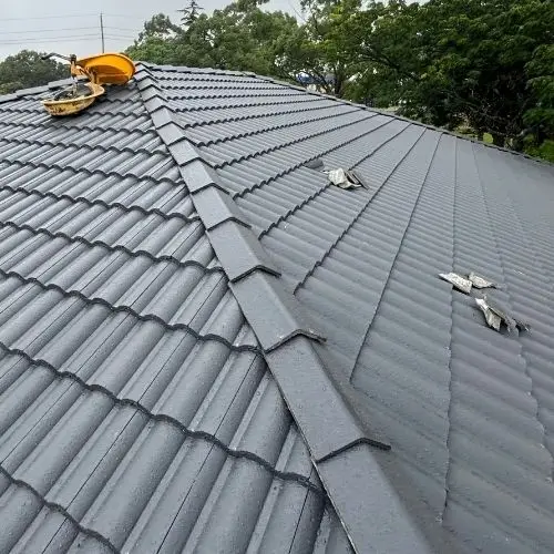 Charcoal-coated tile roof meeting an adjoining metal section — Blue Mountains